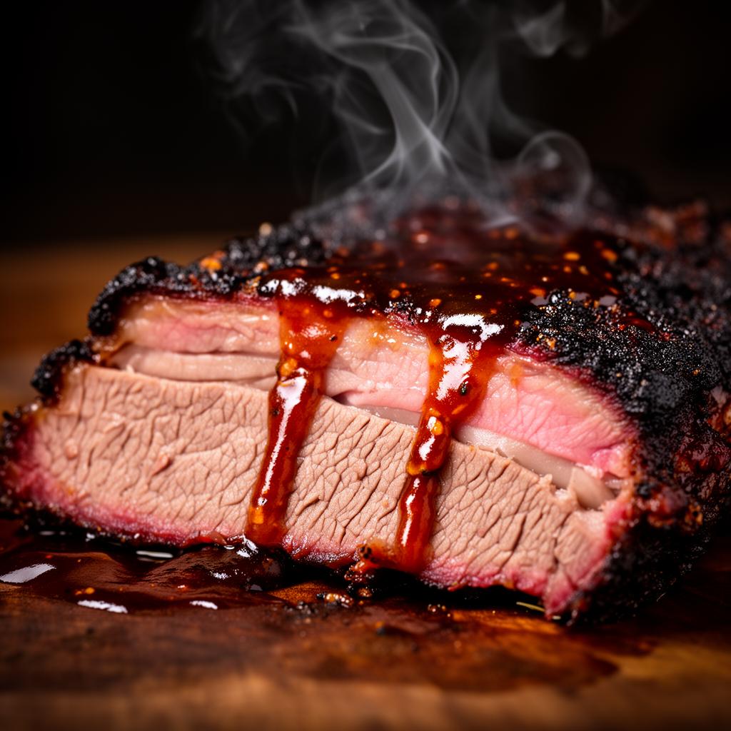 Slow-smoked brisket with smoke ring and BBQ sauce drizzle